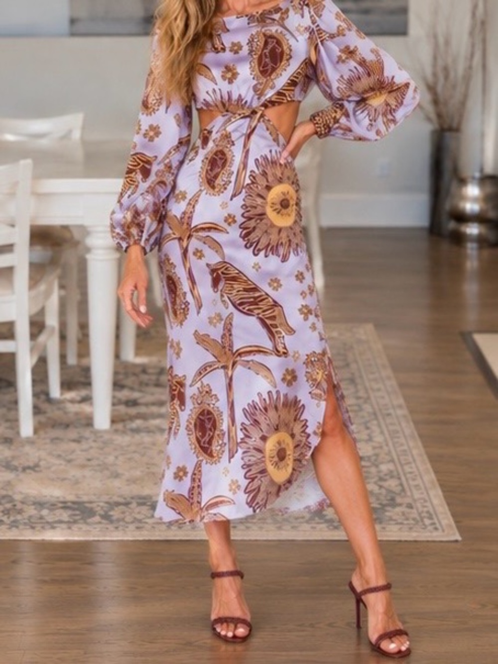 Floral & Zebra Print Midi Dress in Lavender